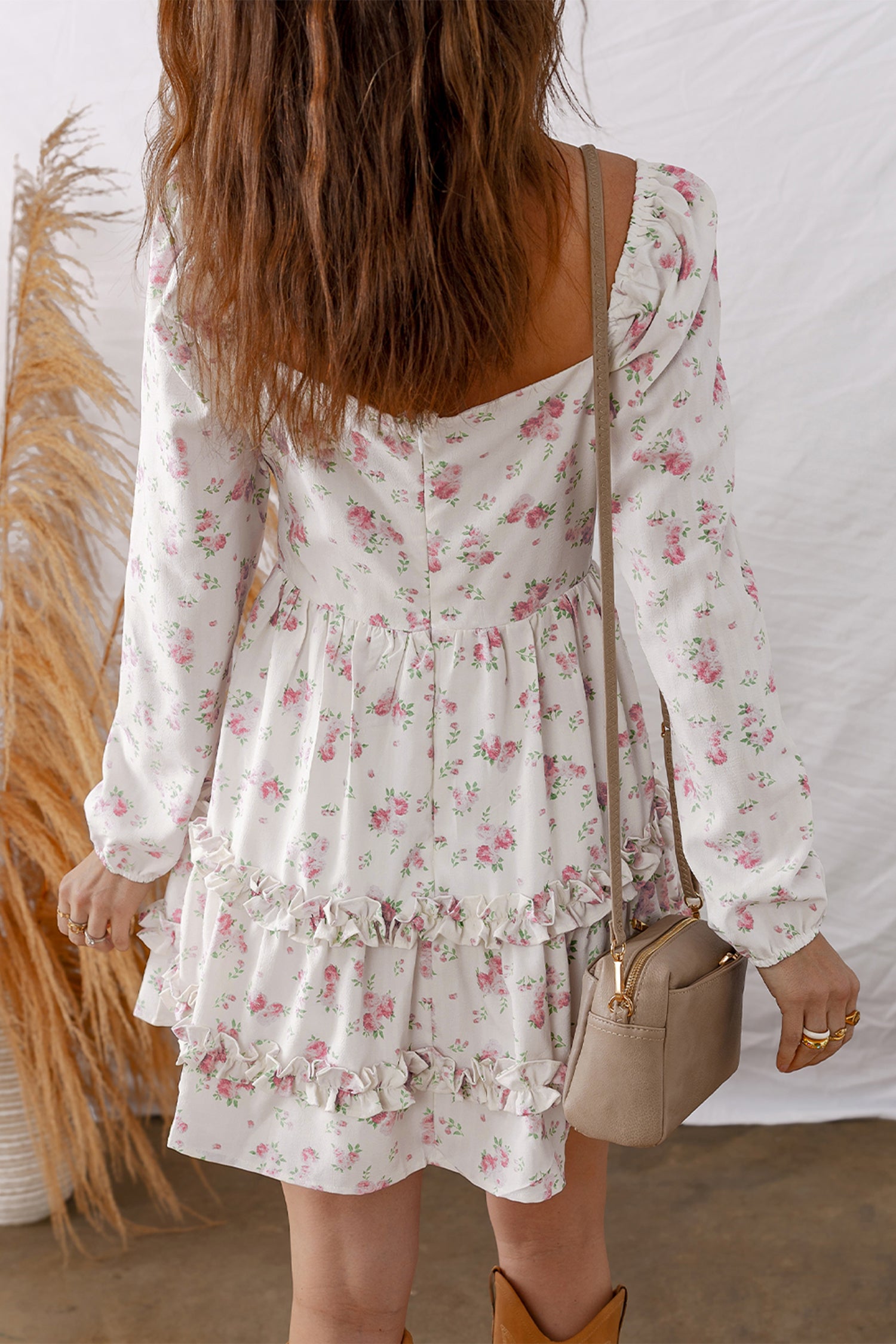 Pink Floral Print Long Sleeve Ruffle Detail Flared Mini Dress