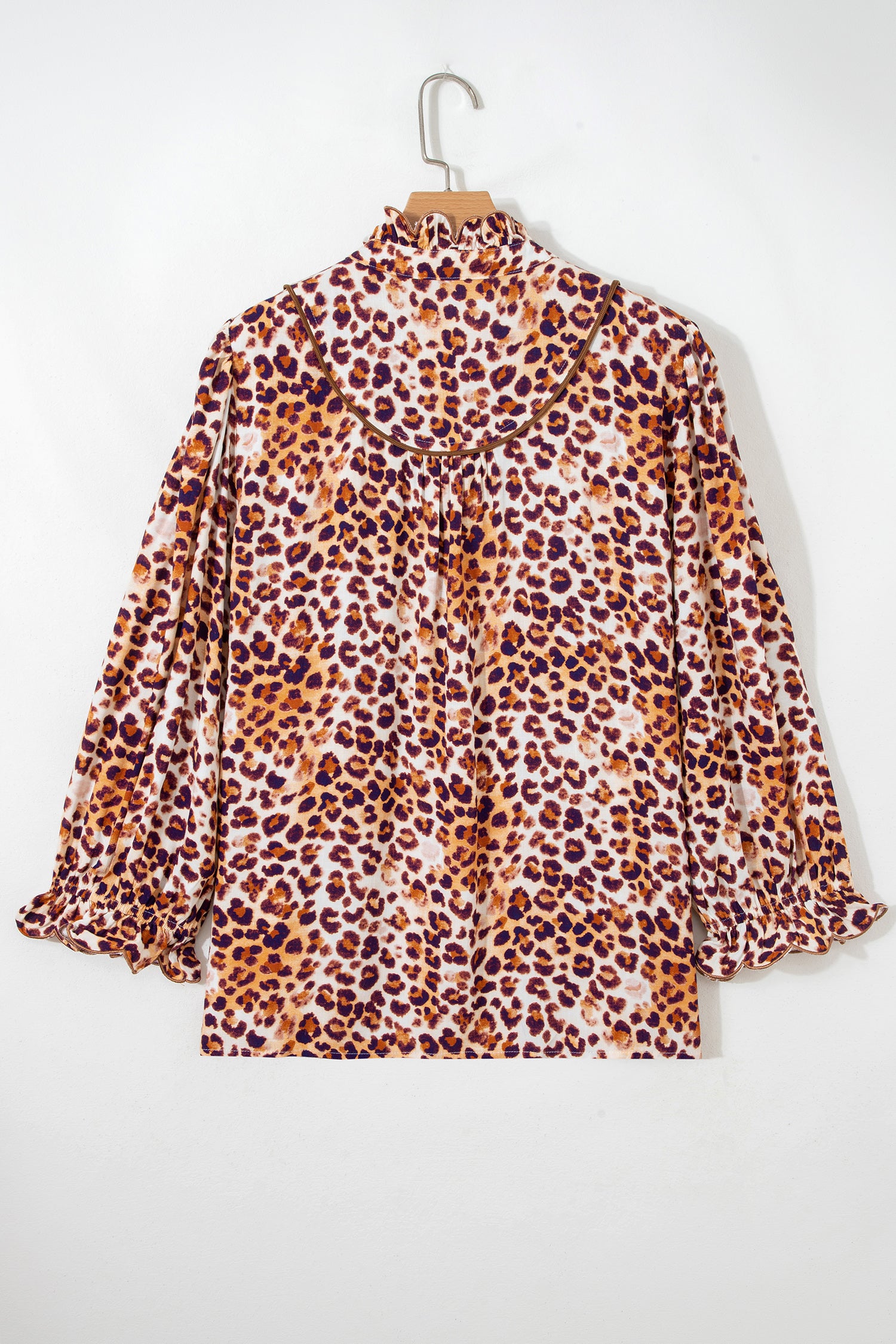Brown Plus Size Leopard Frilled Stand Neck Blouse