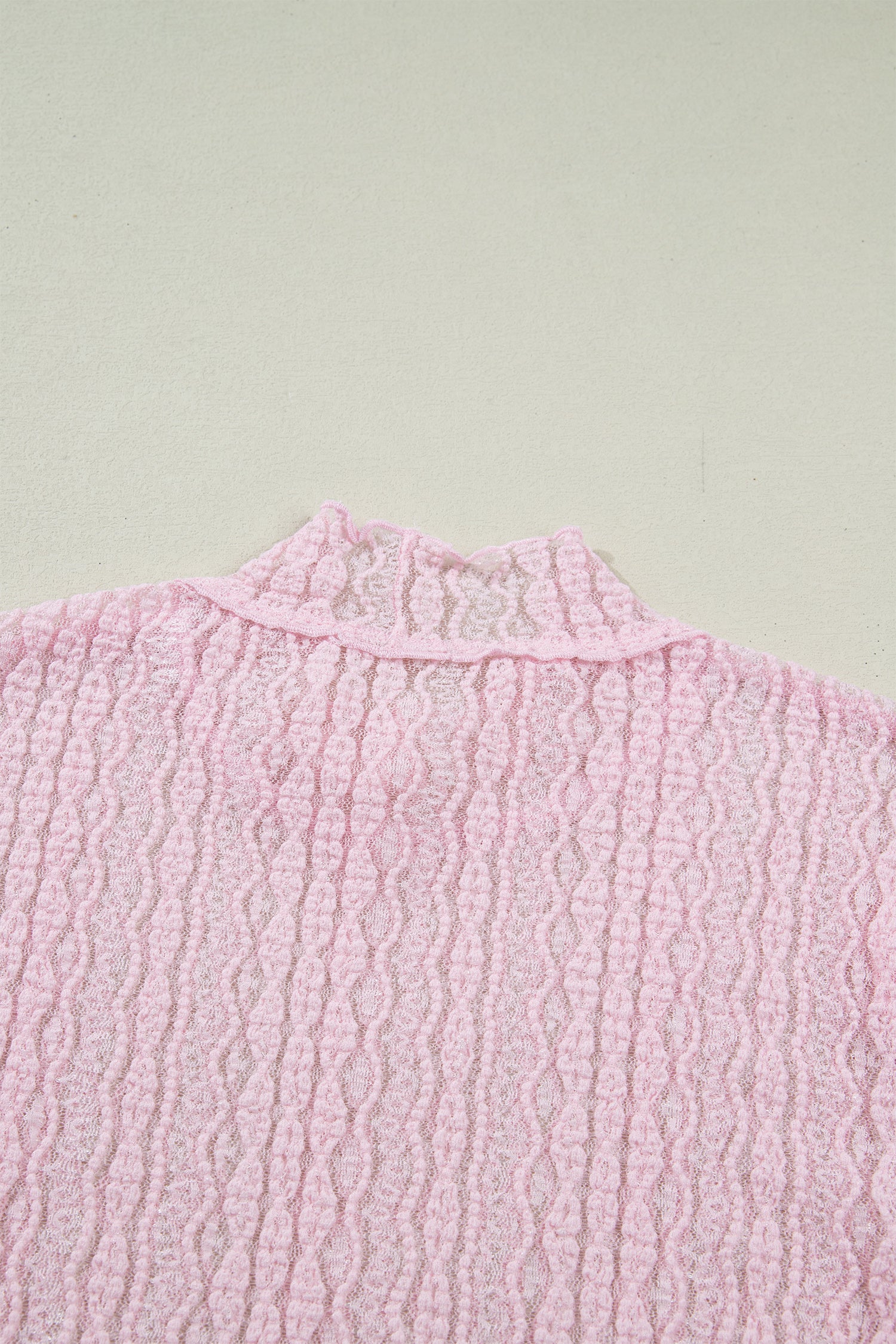 Apricot Flounced Long Sleeve Mock Neck Sheer Lace Top