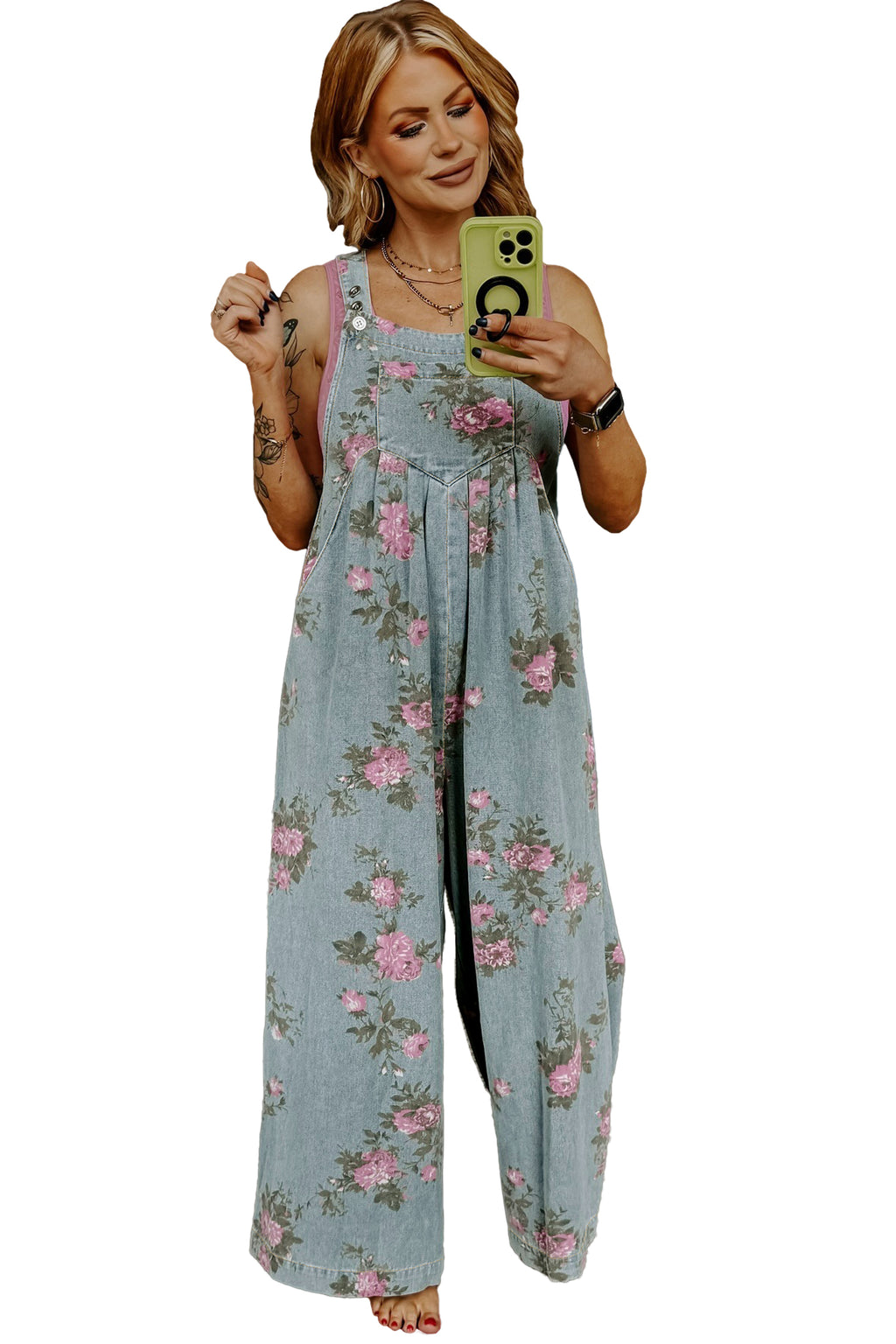 Beau Blue Floral Print Pleated High Waist Wide Leg Denim Jumpsuit