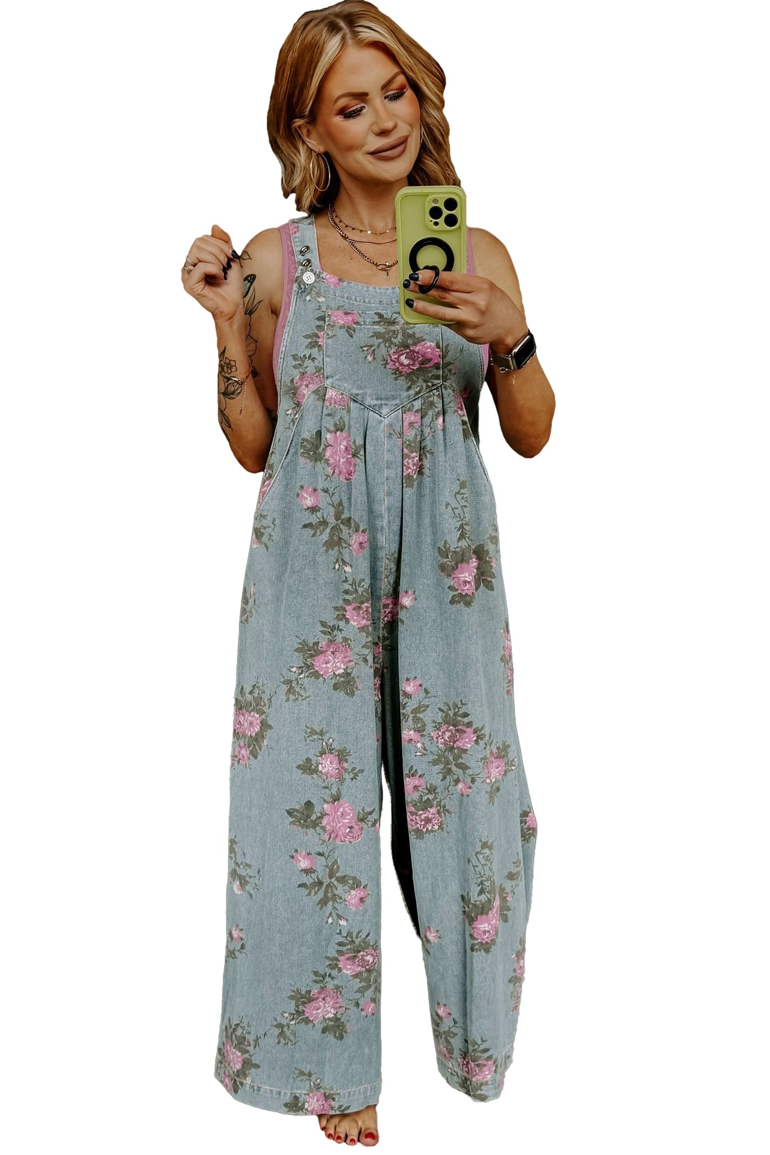 Beau Blue Floral Print Pleated High Waist Wide Leg Denim Jumpsuit