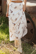 Beige Western Print Satin Long Skirt