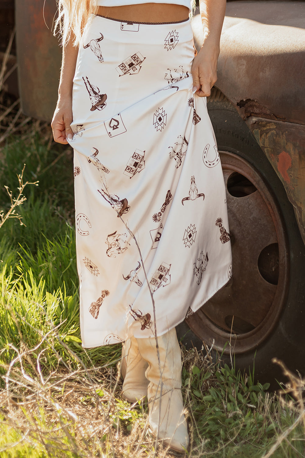 Beige Western Print Satin Long Skirt