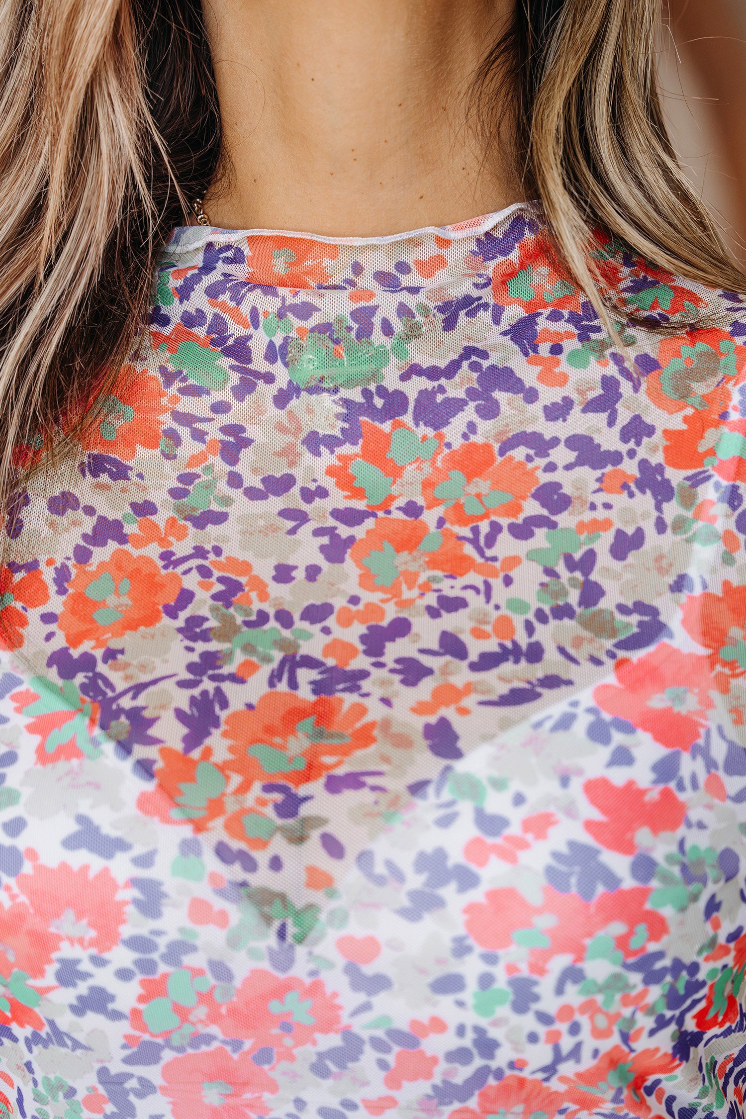 Pink Slim Fit Floral Mesh Long Sleeve Mock Neck Top