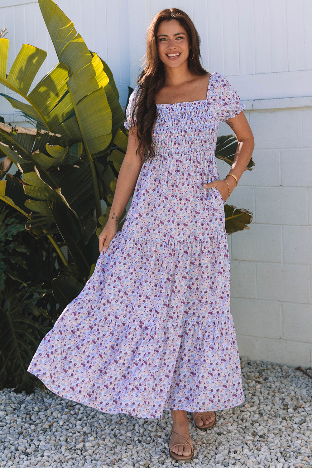 Purple Floral Short Bubble Sleeve Shirred High Waist Maxi Dress