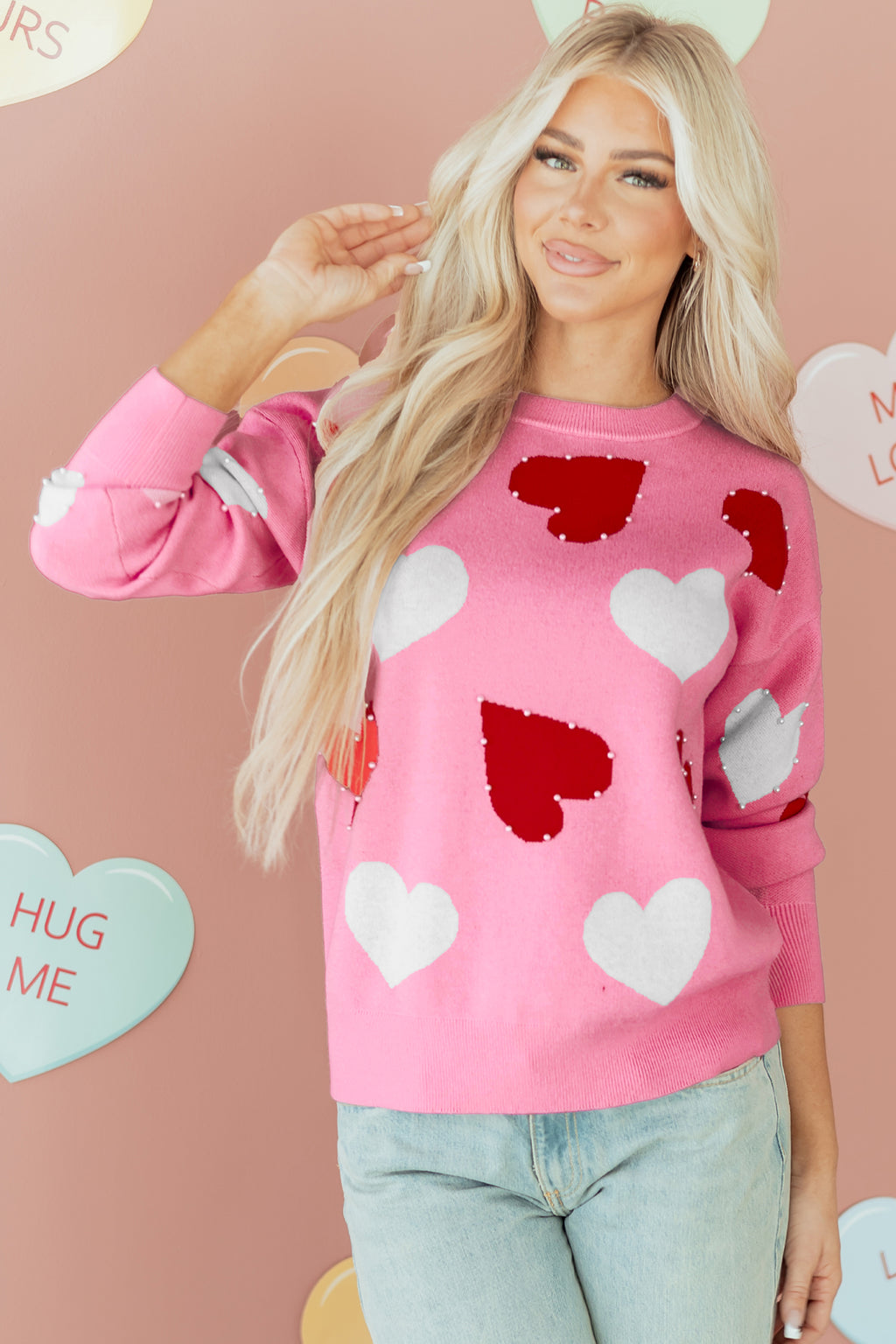 Pink Pearl Embellished Heart Pattern Valentines Day Sweater