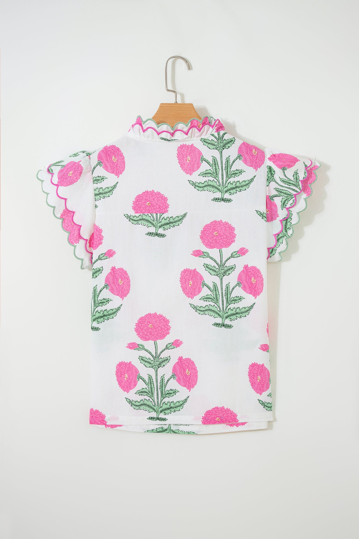 Pink Wild Flower Print Contrast Trim Scallop Detail Short Sleeve Blouse
