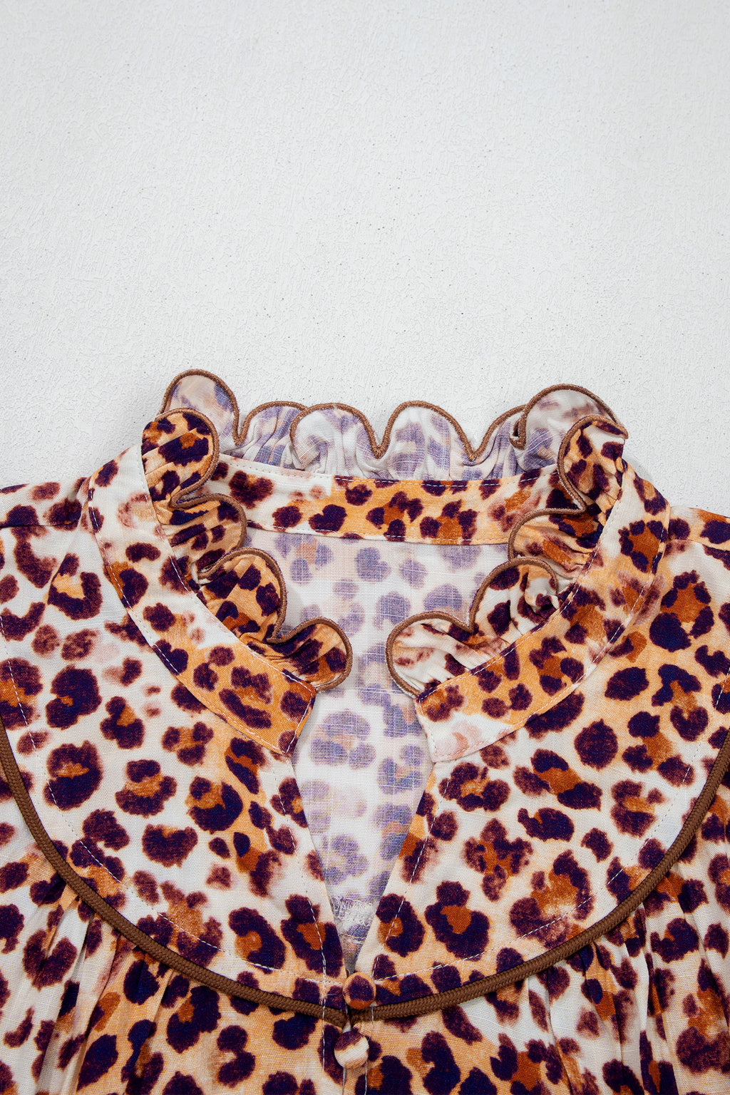 Brown Plus Size Leopard Frilled Stand Neck Blouse