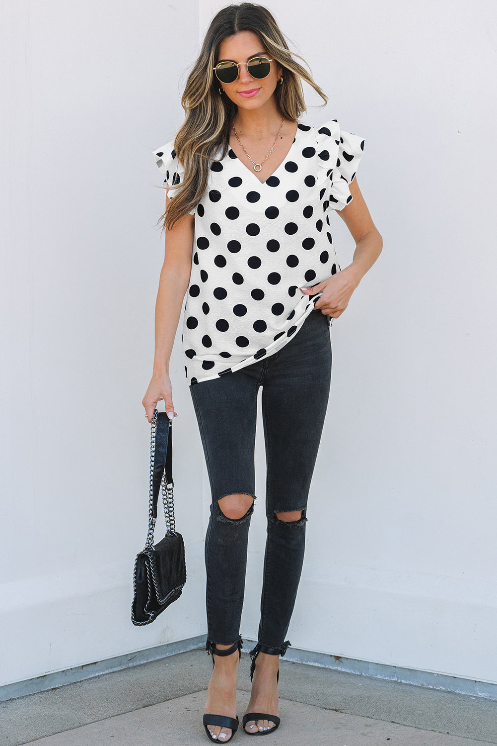 Black Polka Dot Print Ruffled Sleeve V Neck Blouse