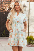 Beige Floral Print Shirred High Waist Puff Sleeve Mini Dress