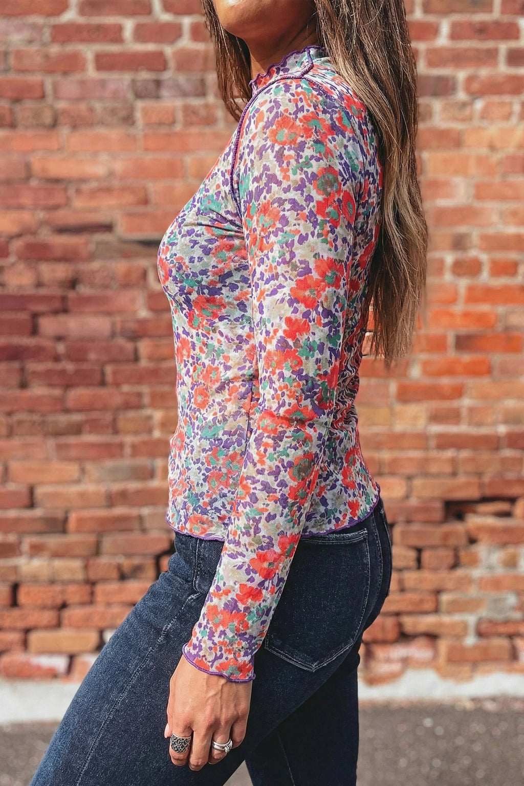 Pink Slim Fit Floral Mesh Long Sleeve Mock Neck Top