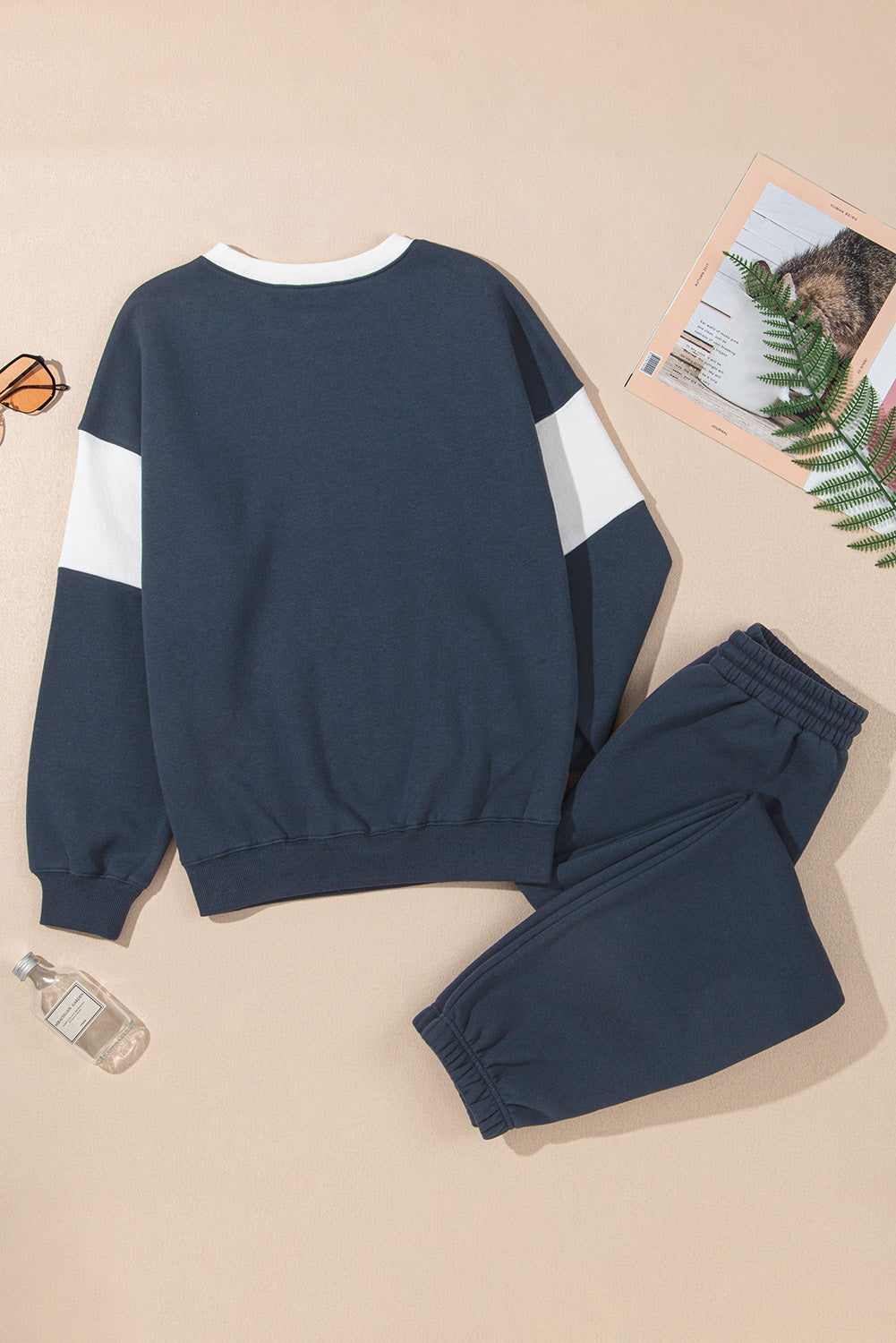 Navy Blue Drop Shoulder Loose Sweatshirt and Joggers Active Set