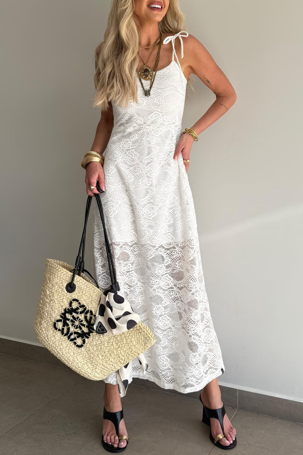 White Tie Spaghetti Straps Floral Lace Overlay Long Dress
