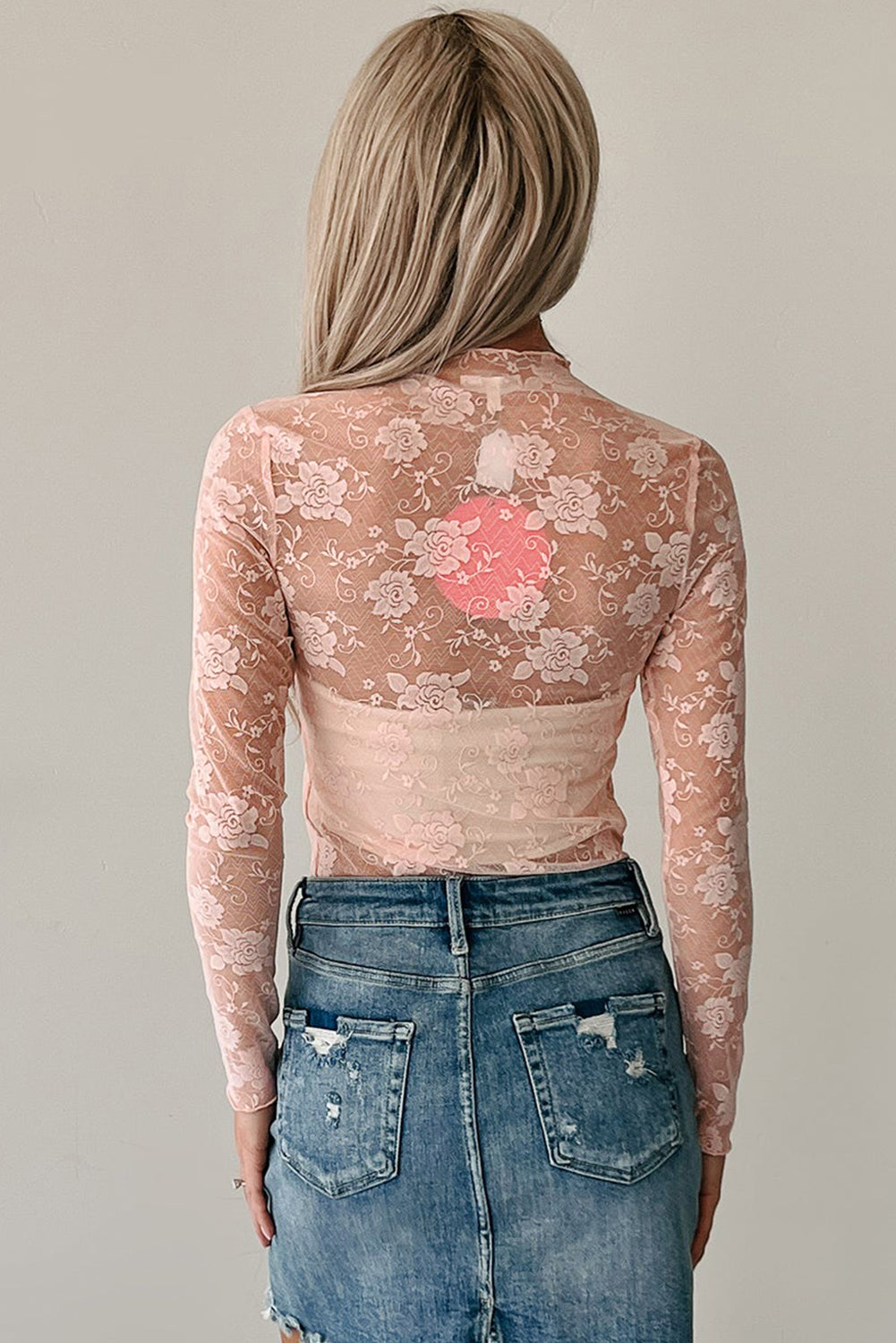 White Mock Neck Floral Lace Mesh Long Sleeve Top