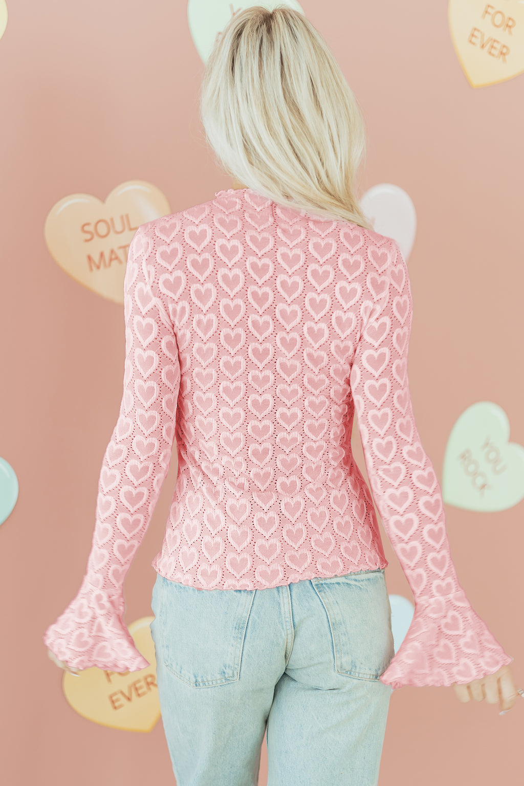 Gossamer Pink Heart Jacquard Flare Sleeve Mock Neck Fitted Top