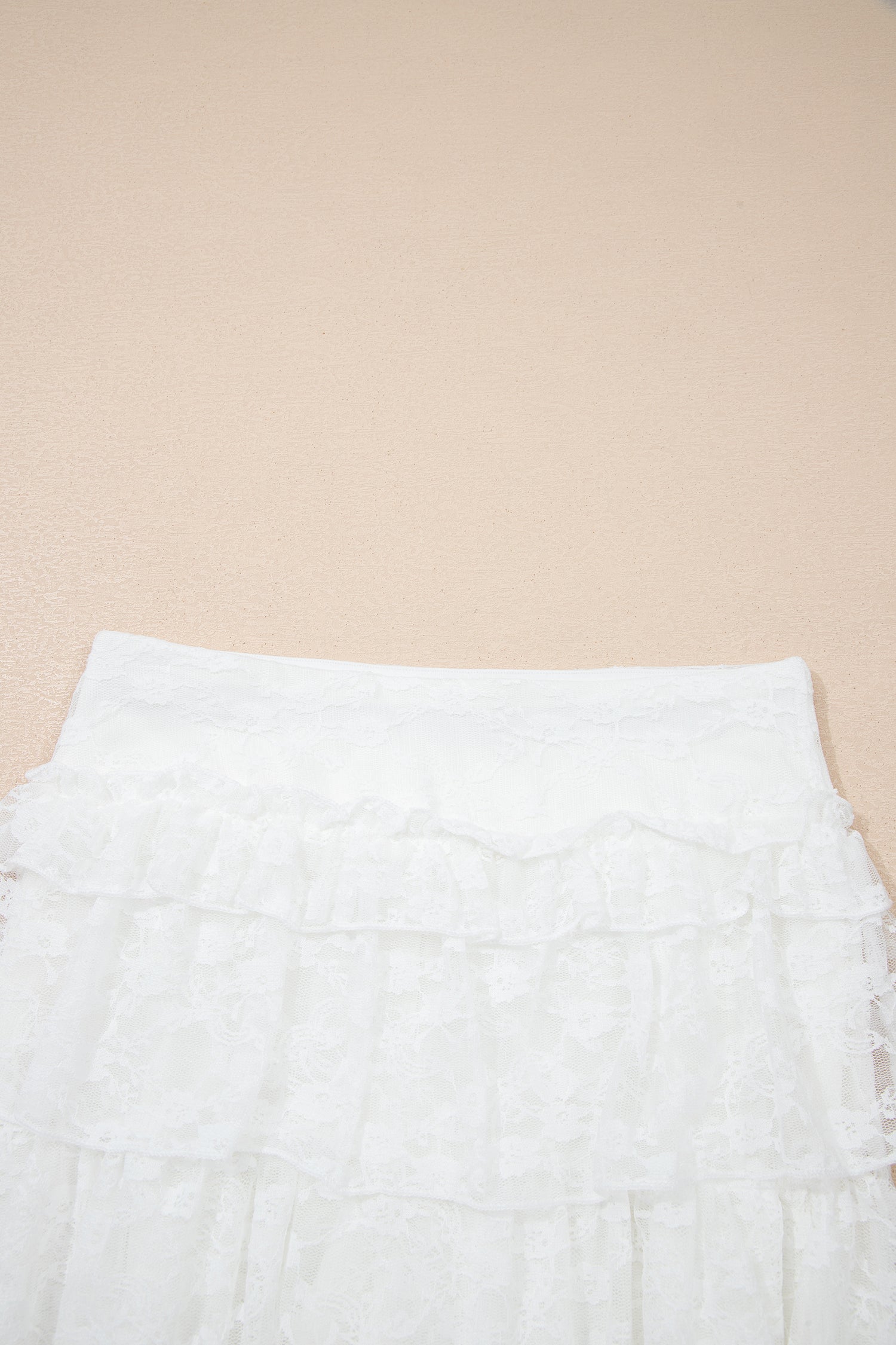 White Sheer Lace Frilly Ruffles High Low Long Skirt