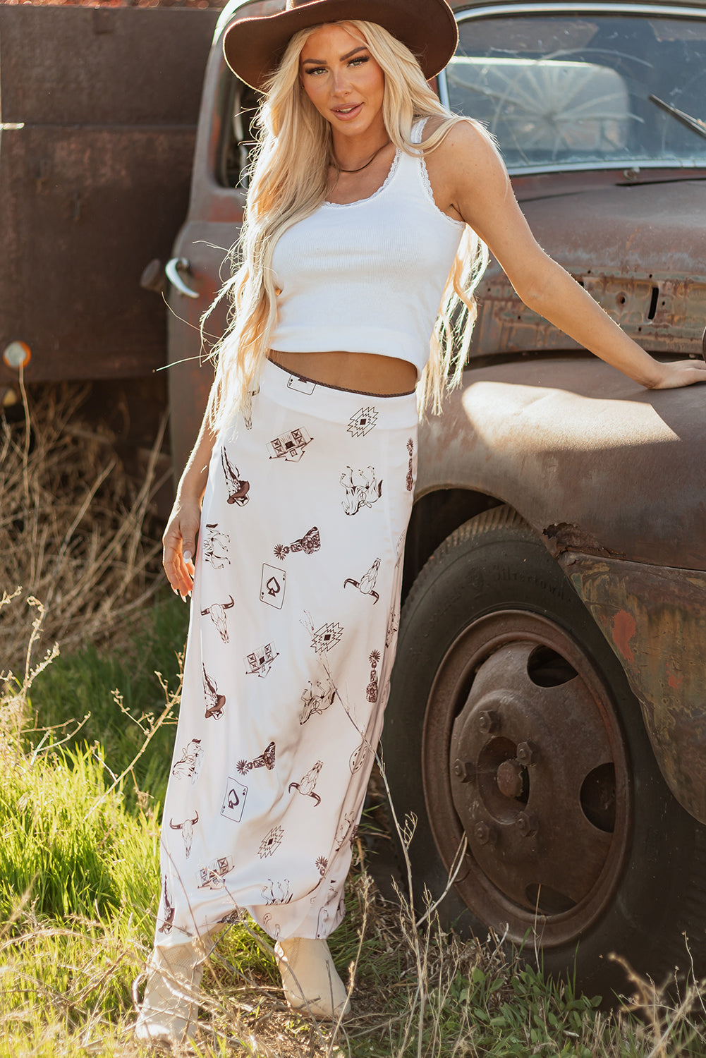 Beige Western Print Satin Long Skirt