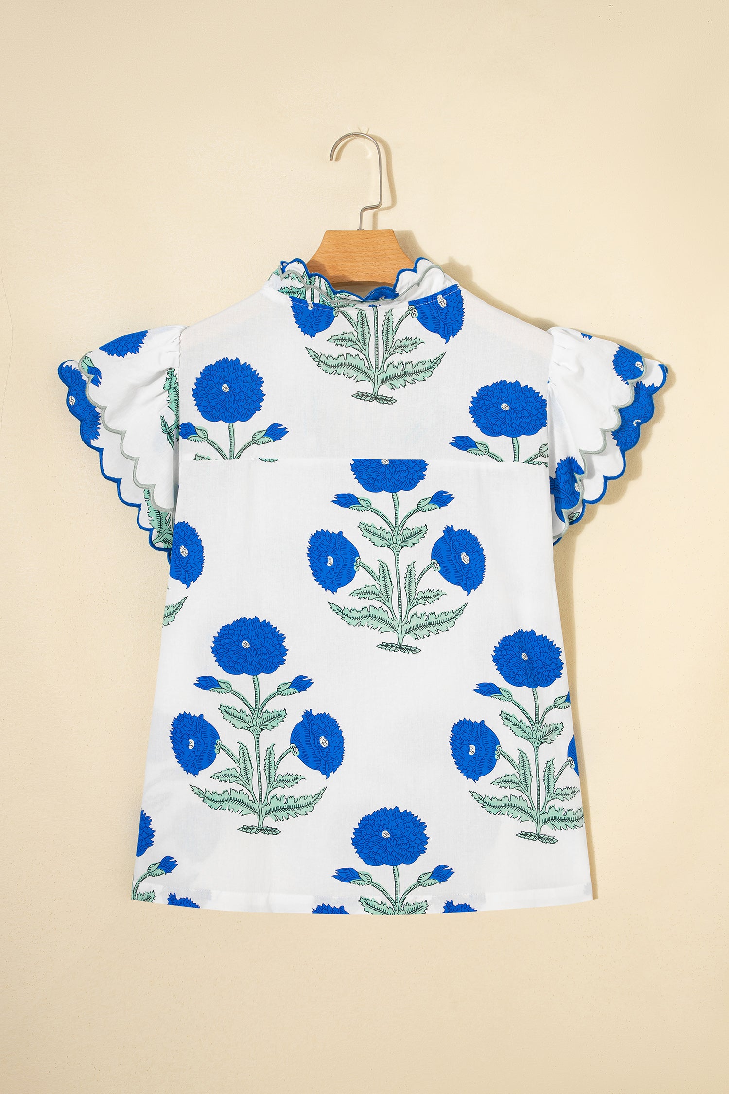 Pink Wild Flower Print Contrast Trim Scallop Detail Short Sleeve Blouse