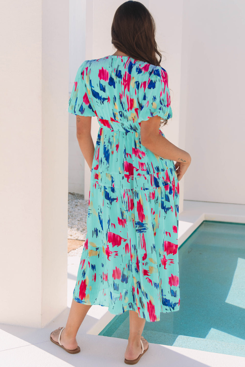 Rose Abstract Print Short Puff Sleeve Tiered Maxi Dress