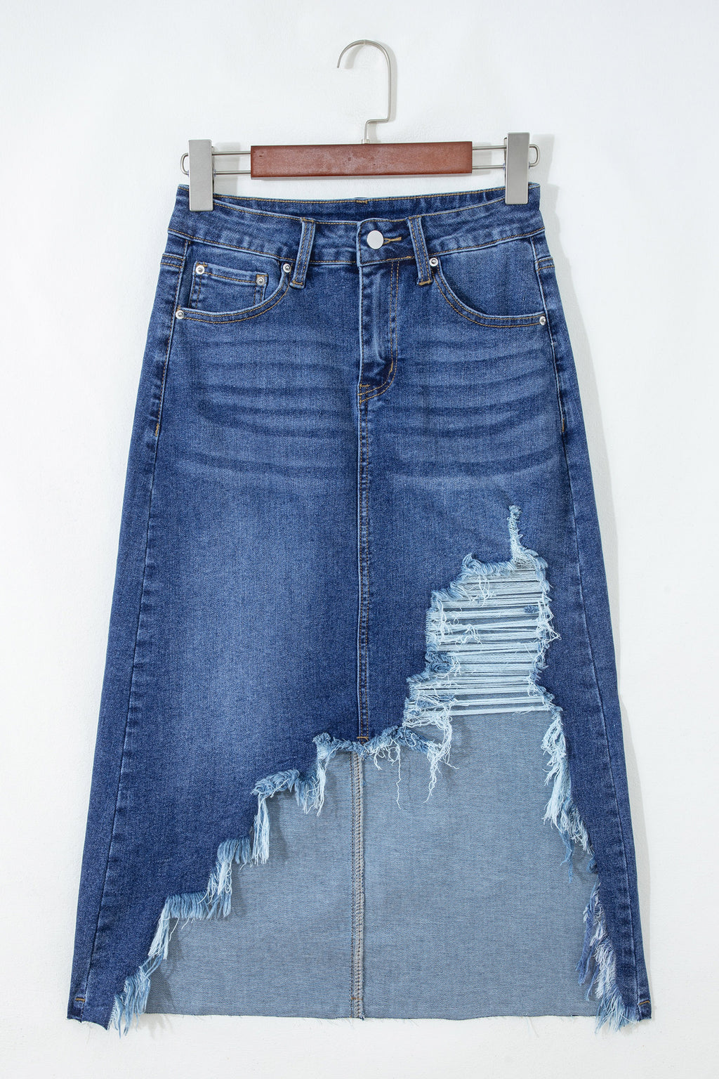 Dearlove Myosotis Irregular Distressed Bottom Denim Midi Skirt