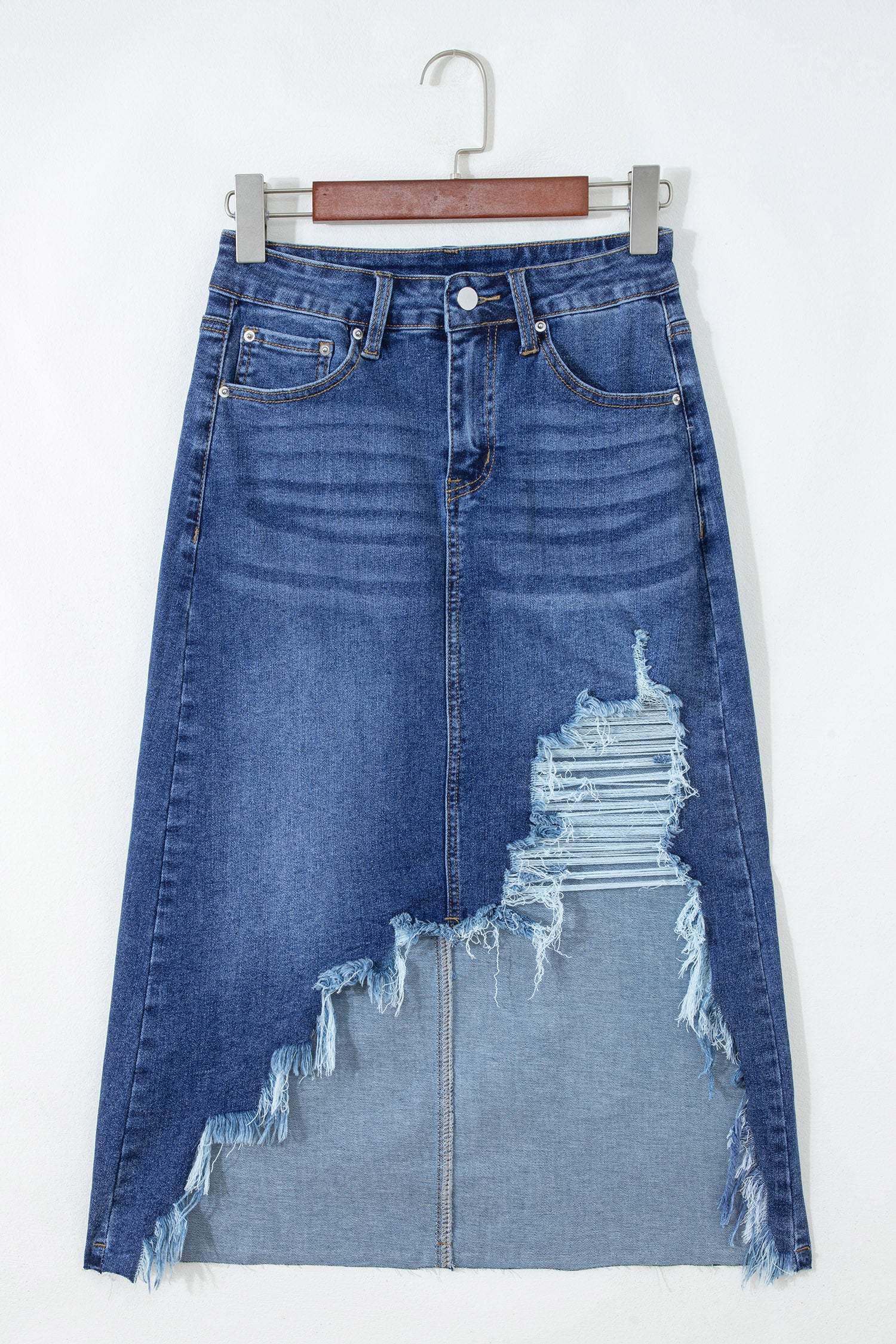 Dearlove Myosotis Irregular Distressed Bottom Denim Midi Skirt