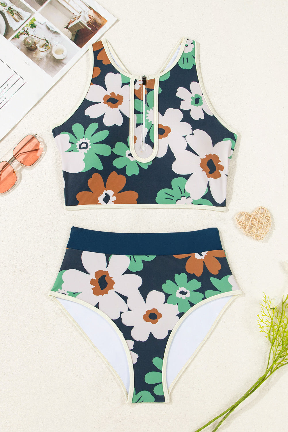 Blue Flower Zip up Racerback High Waisted Bikini