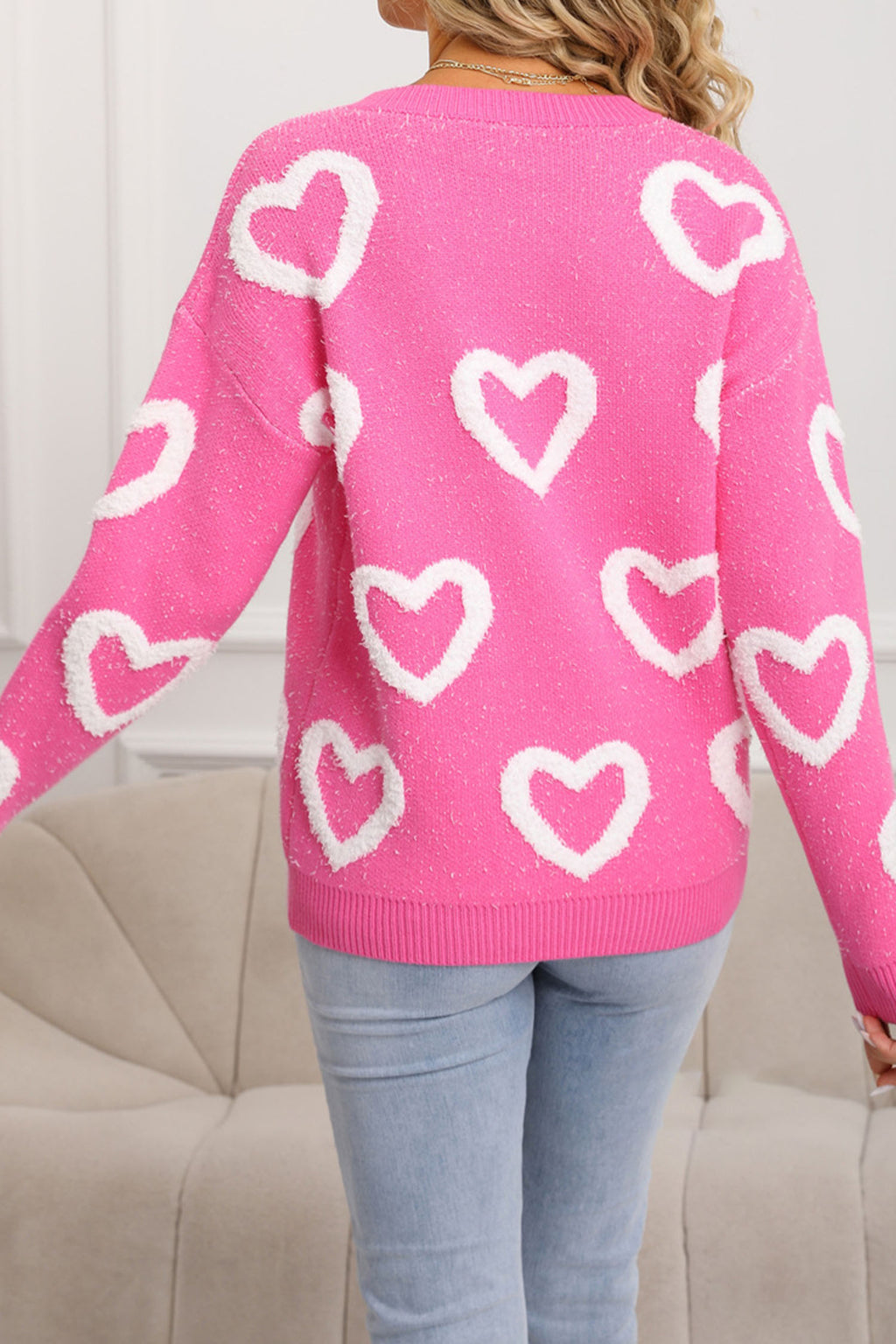 Rose Red Chenille Heart Print Valentines Day Sweater