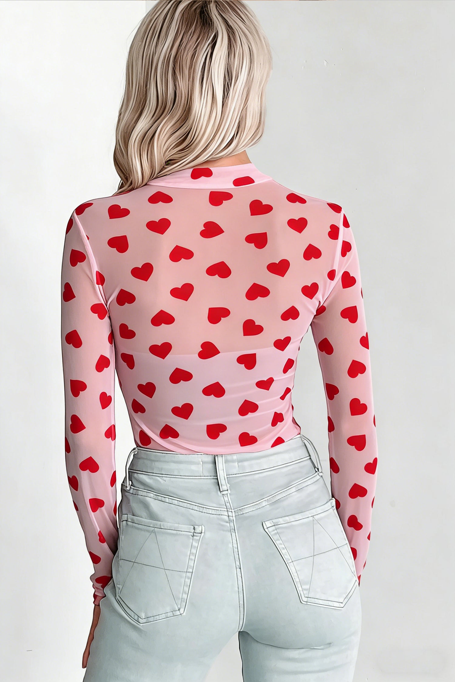 Black Valentines Heart Printed Sheer Mesh Long Sleeve Top