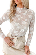 White Mock Neck Floral Lace Mesh Long Sleeve Top