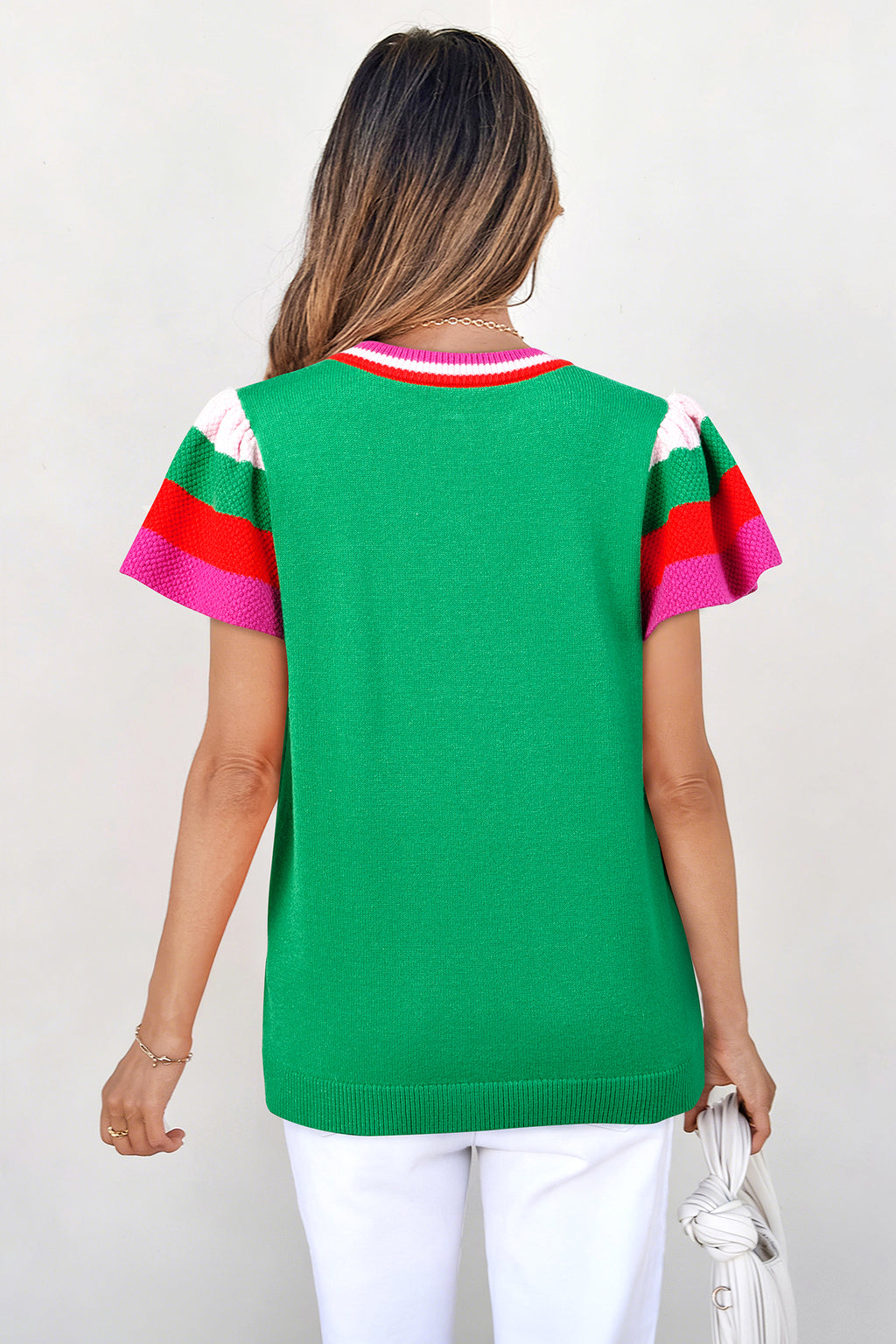Bright Green Shiny Lucky Striped Flutter Sleeve Round Neck Sweater