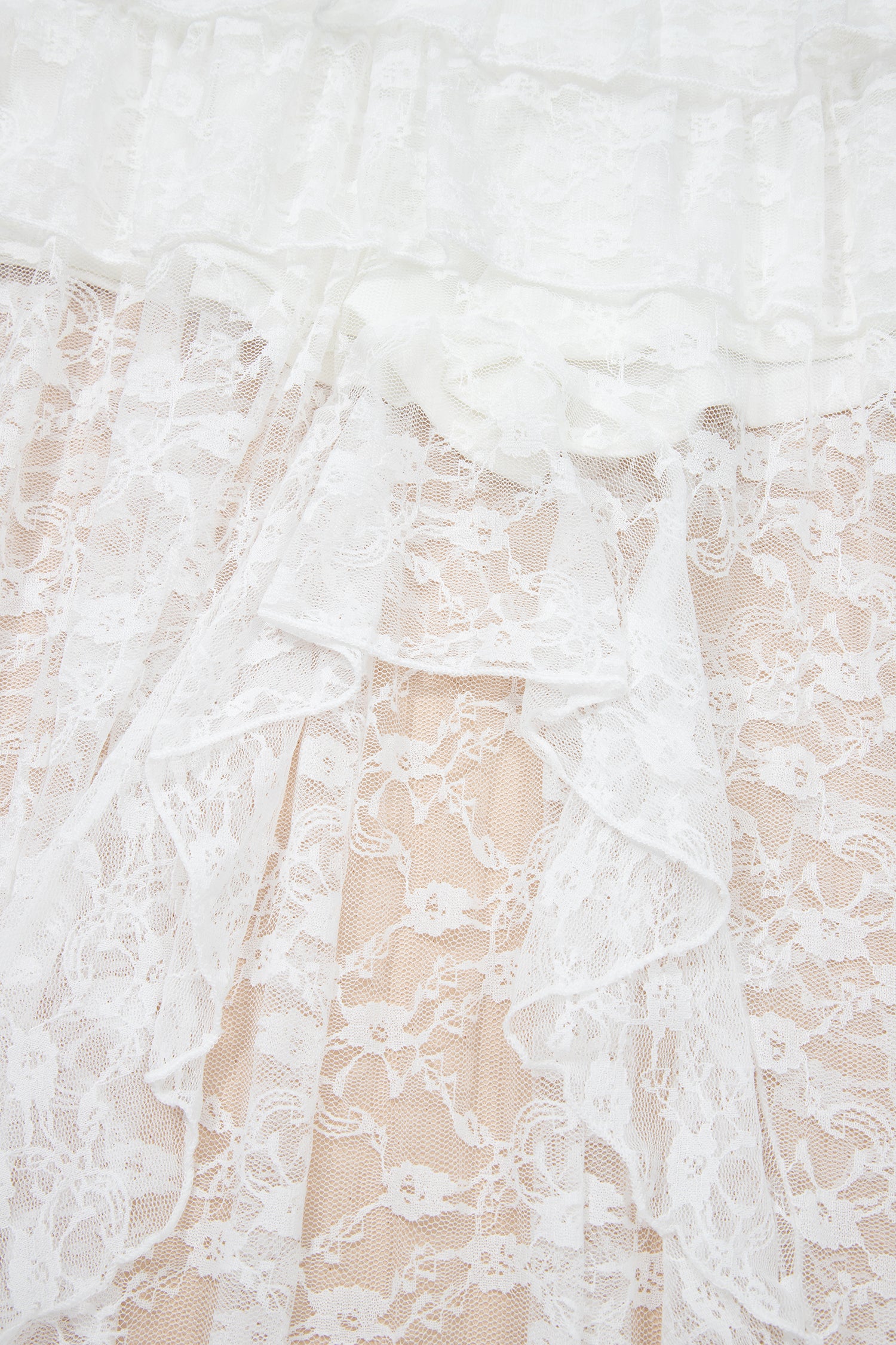 White Sheer Lace Frilly Ruffles High Low Long Skirt