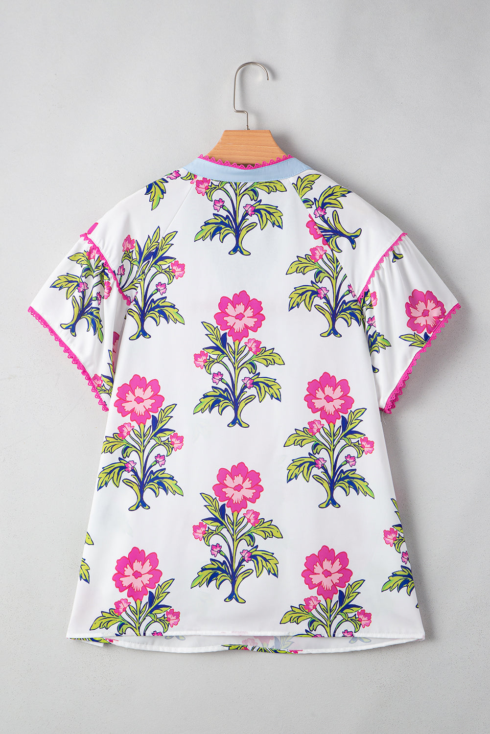 Rose Vintage Floral Print Contrast Notched V Neck Plus Size Summer Blouse