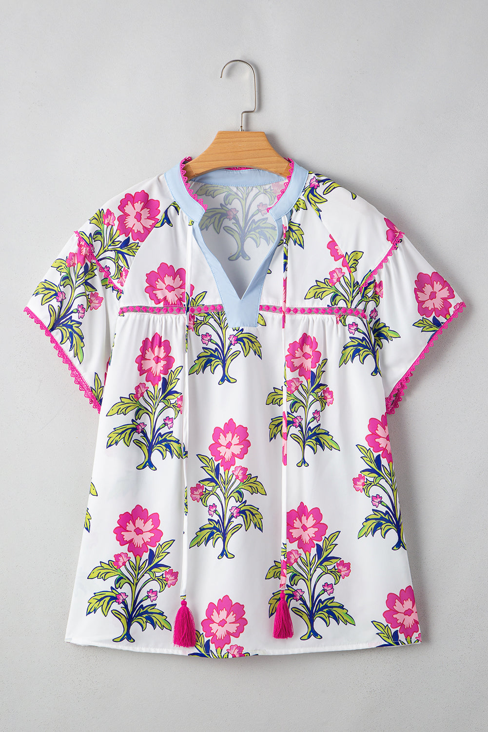 Rose Vintage Floral Print Contrast Notched V Neck Plus Size Summer Blouse