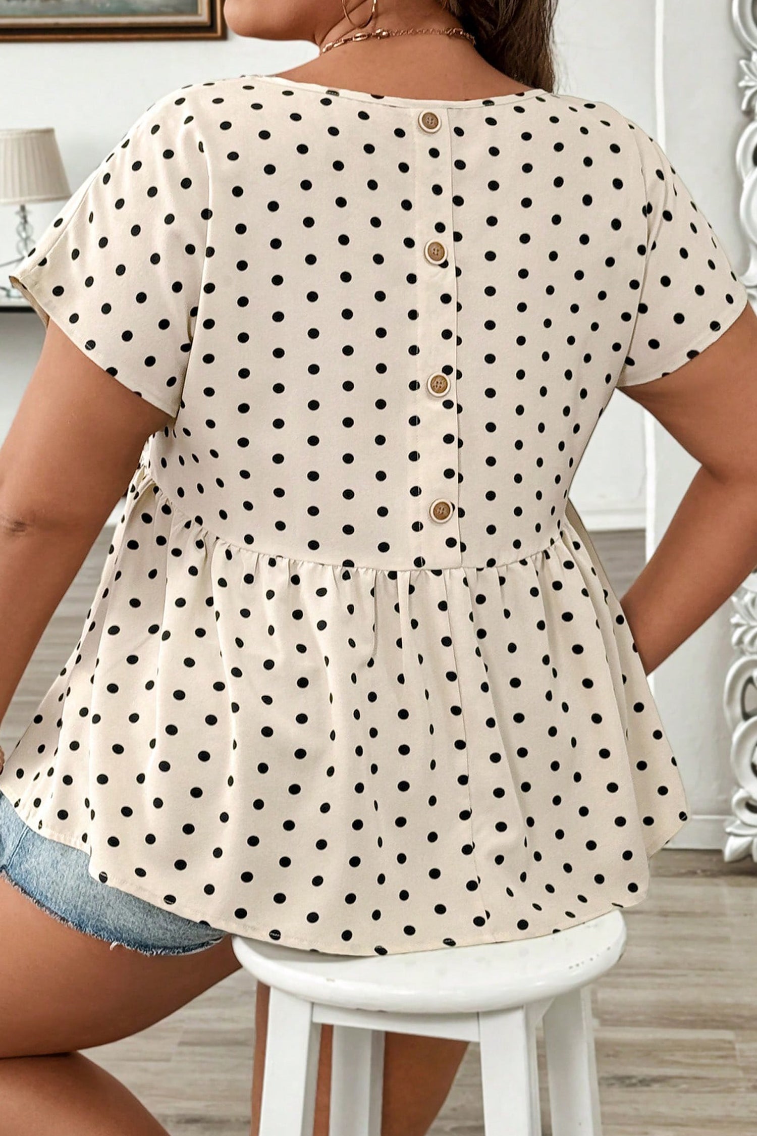 Apricot Plus Size Polka Dot Print Button Detail Short Sleeve Babydoll Blouse