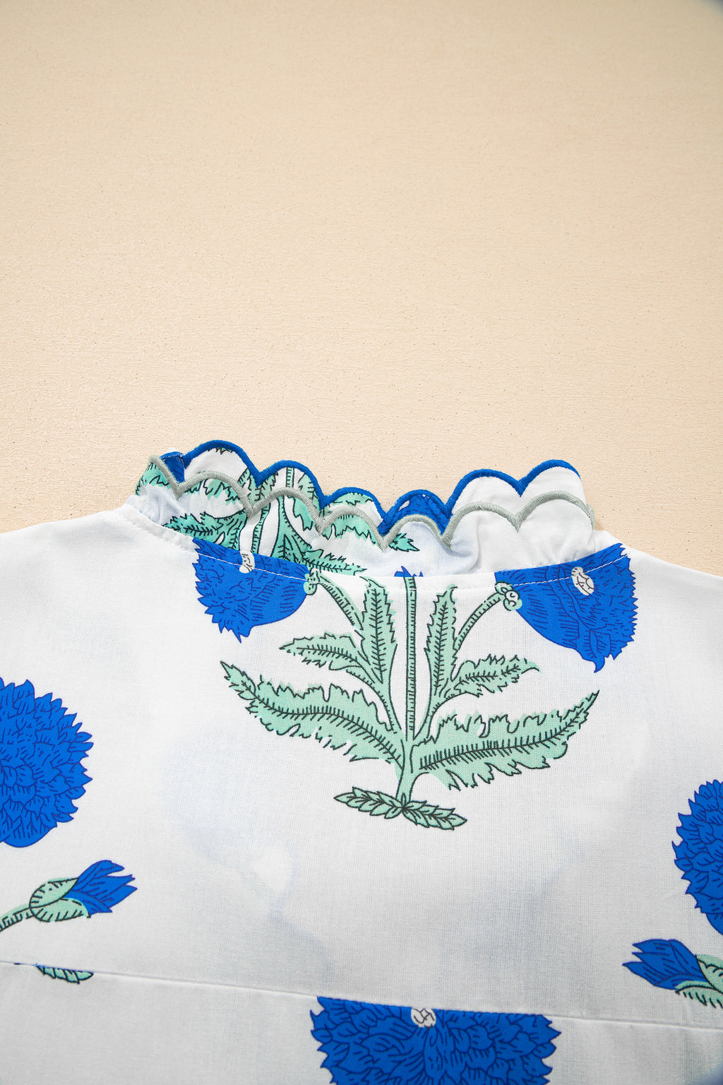 Pink Wild Flower Print Contrast Trim Scallop Detail Short Sleeve Blouse