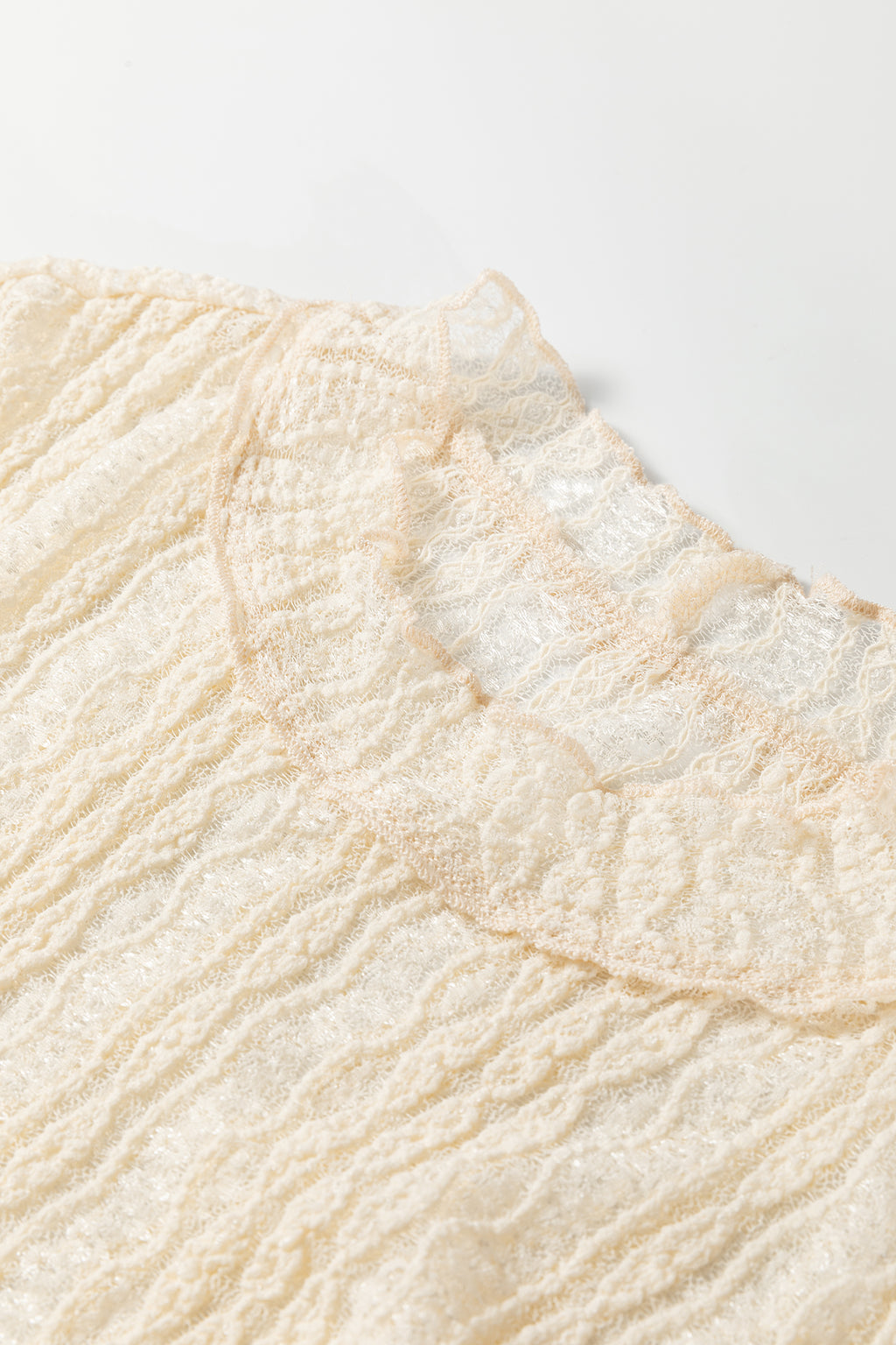 Apricot Flounced Long Sleeve Mock Neck Sheer Lace Top