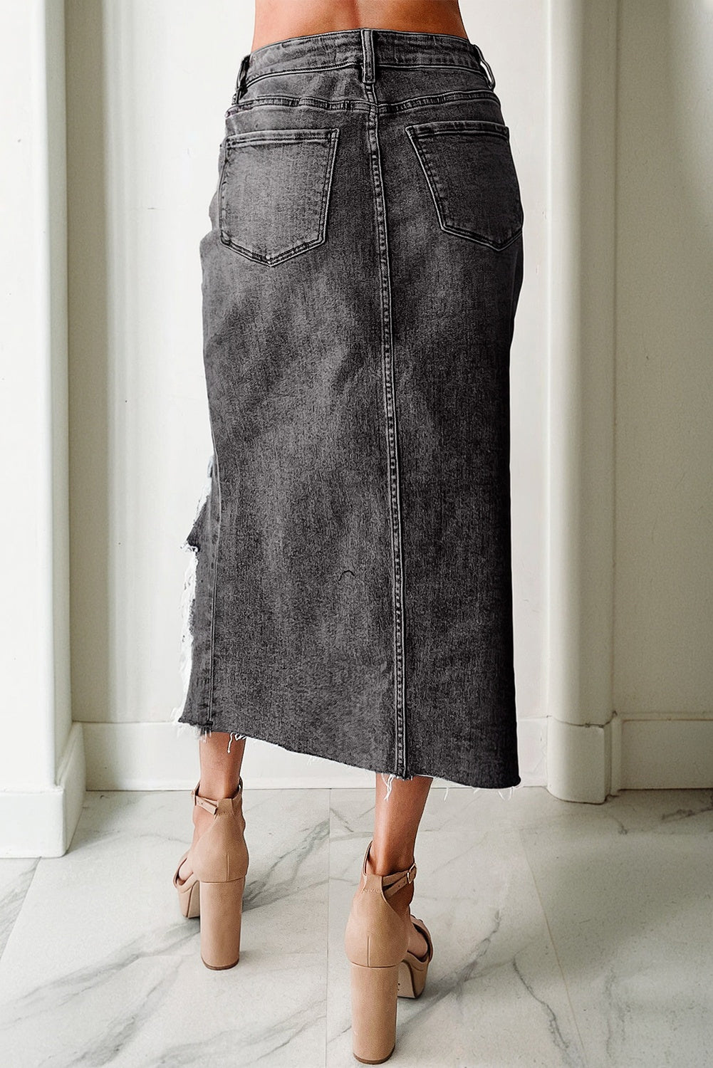 Dearlove Myosotis Irregular Distressed Bottom Denim Midi Skirt