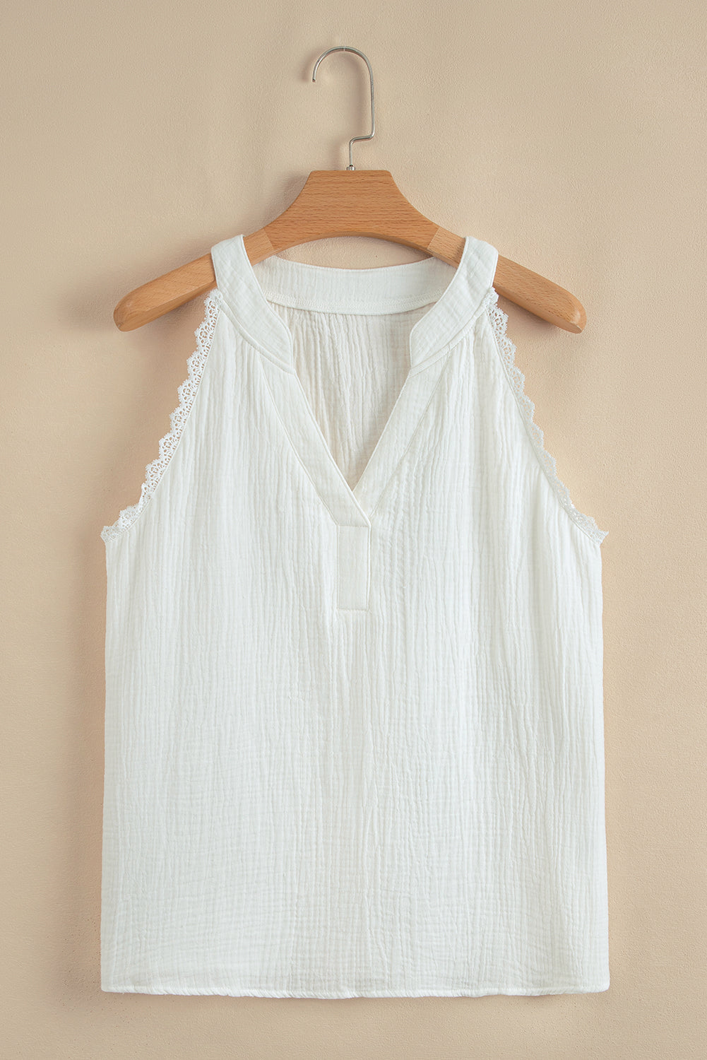 White Textured Lace Trim Pure Cotton Sleeveless Top