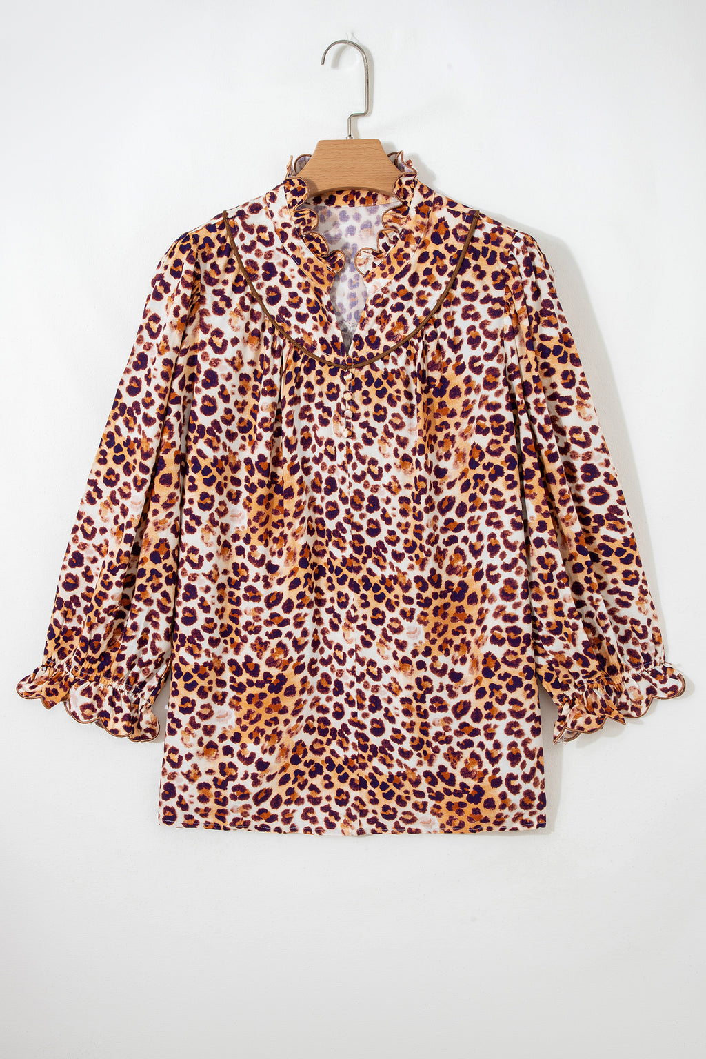 Brown Plus Size Leopard Frilled Stand Neck Blouse