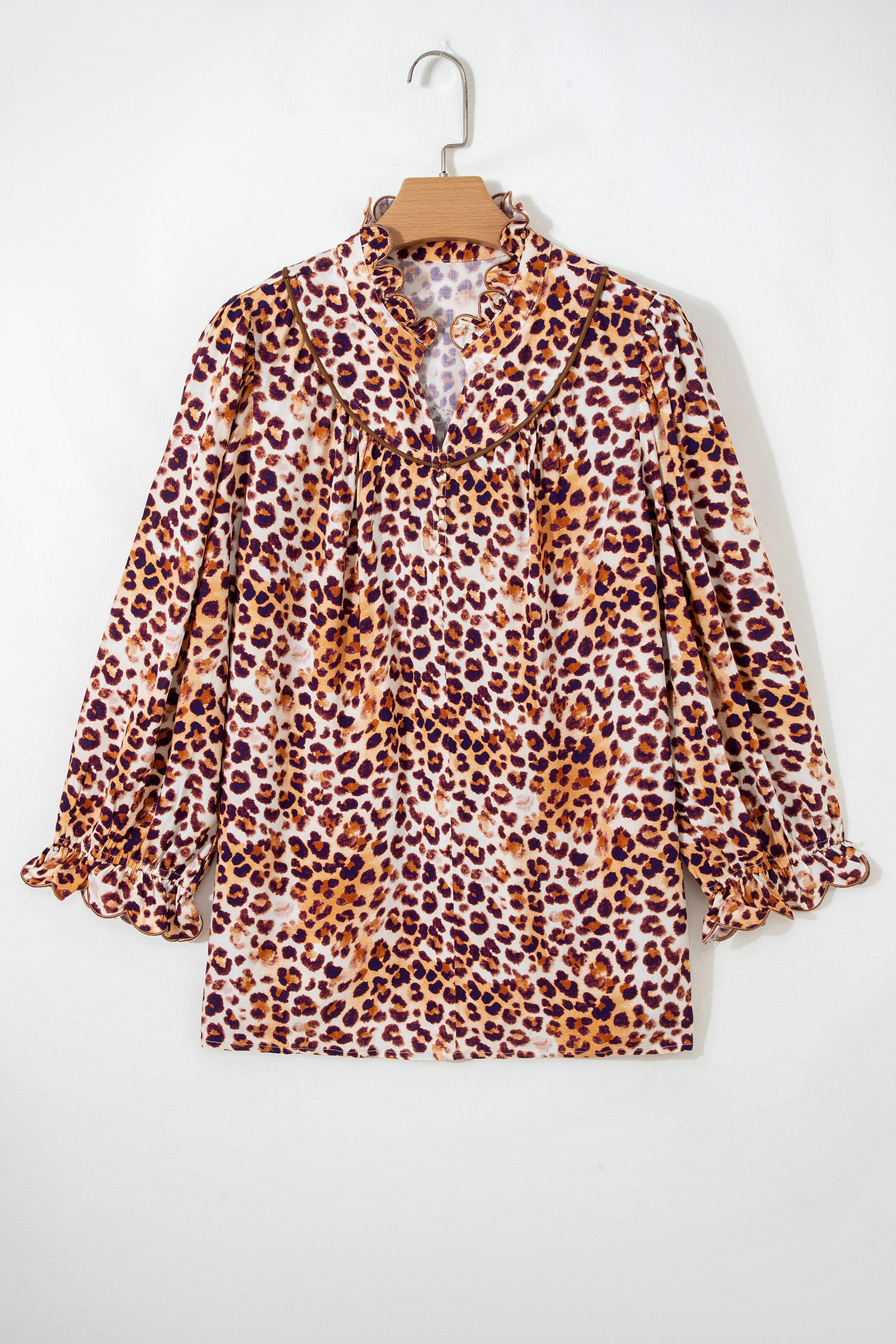 Brown Plus Size Leopard Frilled Stand Neck Blouse