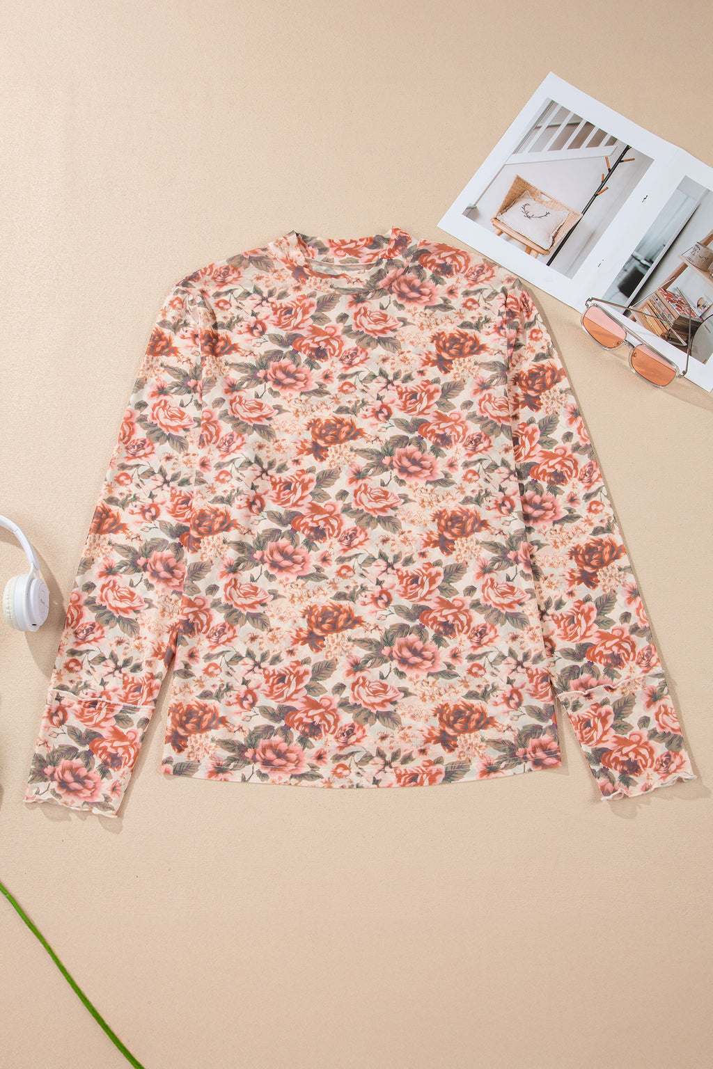 Pink Plus Size Floral Mock Neck Long Sleeve Slim Top