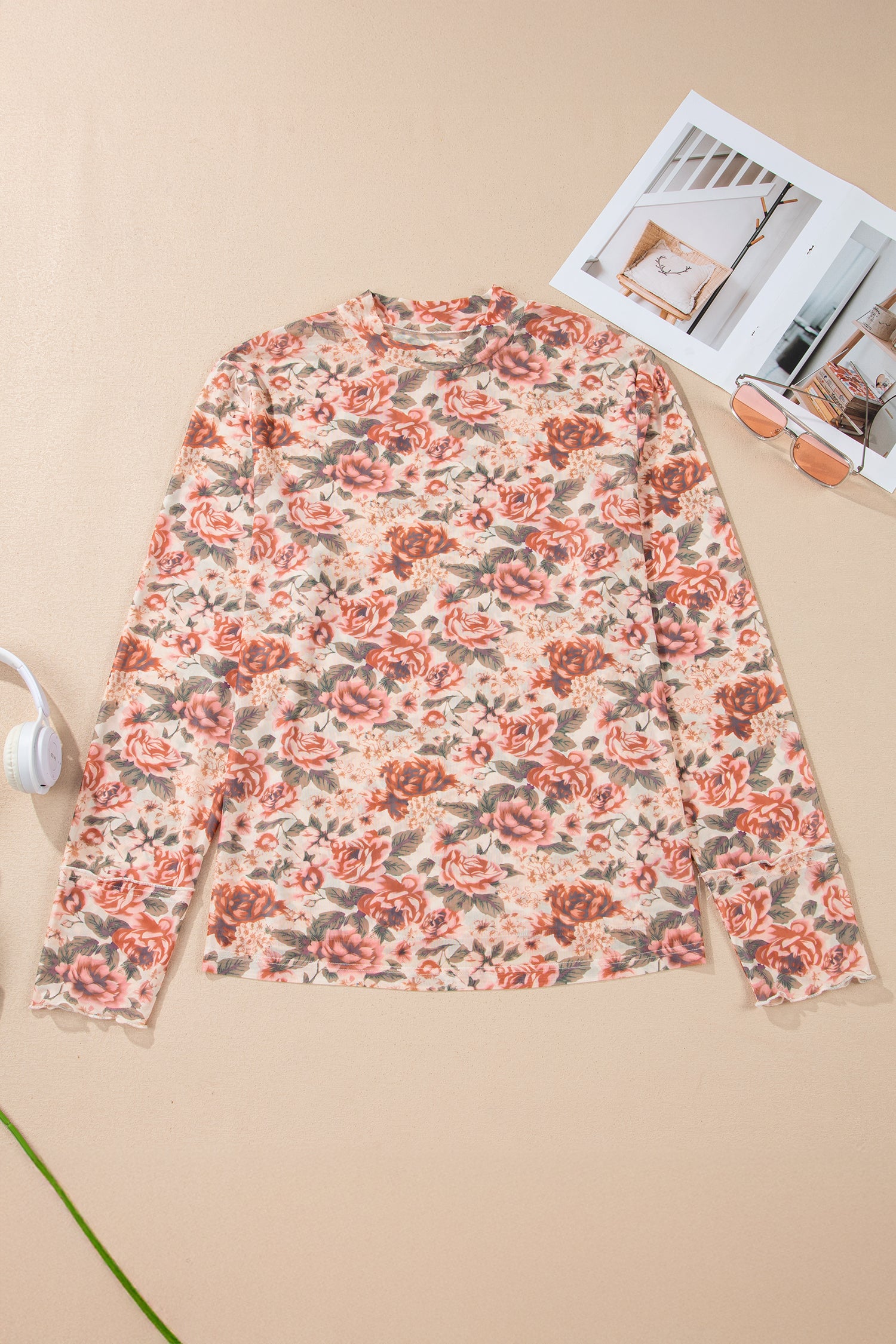 Pink Plus Size Floral Mock Neck Long Sleeve Slim Top